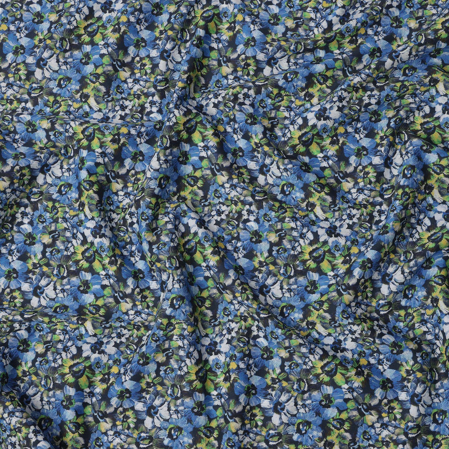 Navy Blue with Green and White Floral Print Pure Italian Cotton Lawn Fabric, 140 Cms, Italy-D25399