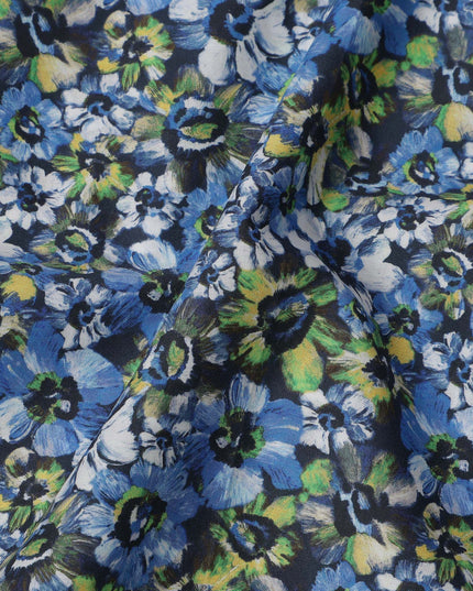 Navy Blue with Green and White Floral Print Pure Italian Cotton Lawn Fabric, 140 Cms, Italy-D25399