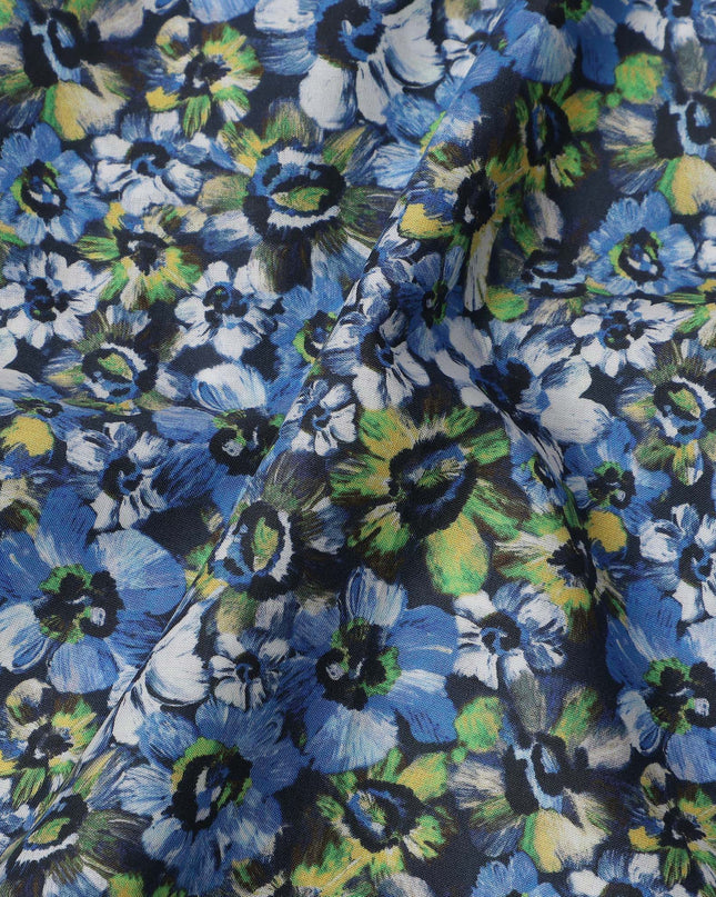 Navy Blue with Green and White Floral Print Pure Italian Cotton Lawn Fabric, 140 Cms, Italy-D25399