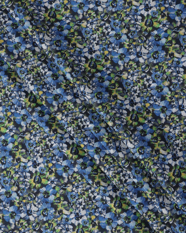 Navy Blue with Green and White Floral Print Pure Italian Cotton Lawn Fabric, 140 Cms, Italy-D25399