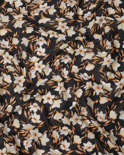 Black with Beige and Golden Floral Print Pure Italian Cotton Lawn Fabric, 140 Cms, Italy-D25401