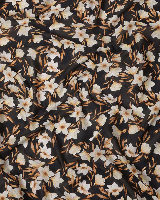 Black with Beige and Golden Floral Print Pure Italian Cotton Lawn Fabric, 140 Cms, Italy-D25401