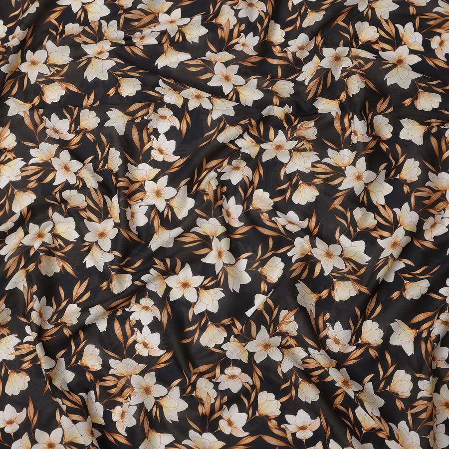 Black with Beige and Golden Floral Print Pure Italian Cotton Lawn Fabric, 140 Cms, Italy-D25401