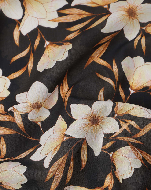 Black with Beige and Golden Floral Print Pure Italian Cotton Lawn Fabric, 140 Cms, Italy-D25401