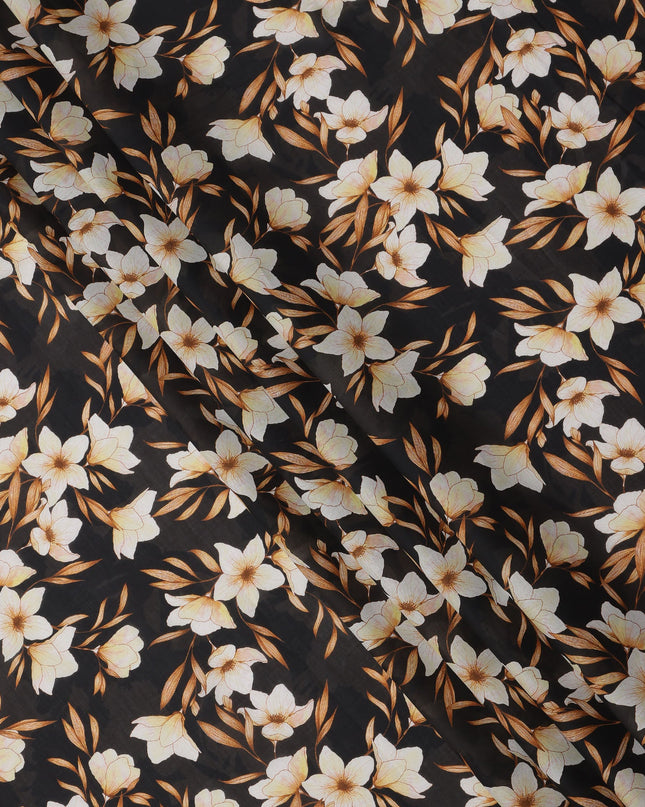 Black with Beige and Golden Floral Print Pure Italian Cotton Lawn Fabric, 140 Cms, Italy-D25401