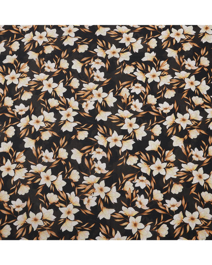 Black with Beige and Golden Floral Print Pure Italian Cotton Lawn Fabric, 140 Cms, Italy-D25401