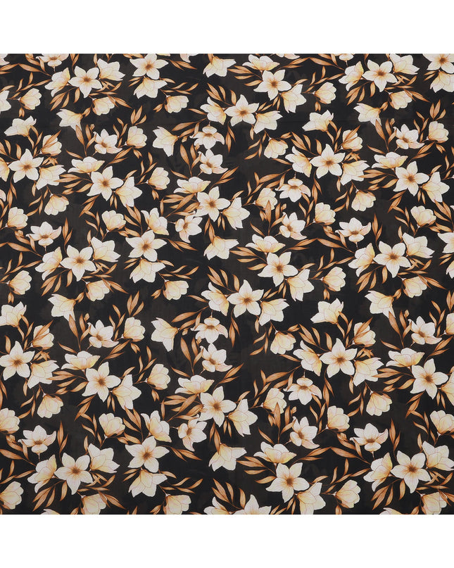 Black with Beige and Golden Floral Print Pure Italian Cotton Lawn Fabric, 140 Cms, Italy-D25401