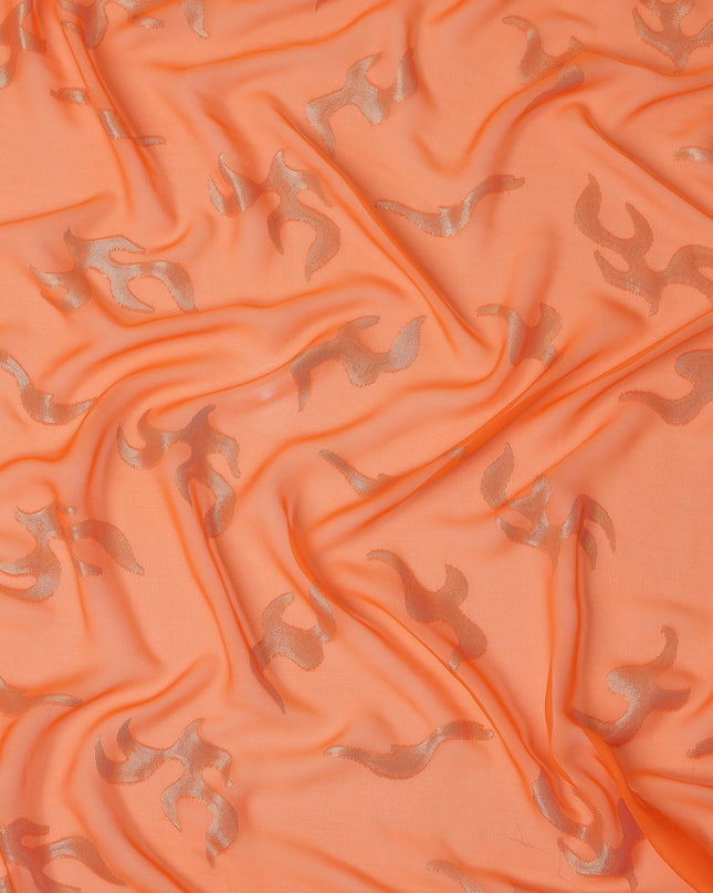 Peach Orange Abstract Metallic Lurex Design Premium French Silk Chiffon Fabric, 110 Cms Width, Made in France-D25731