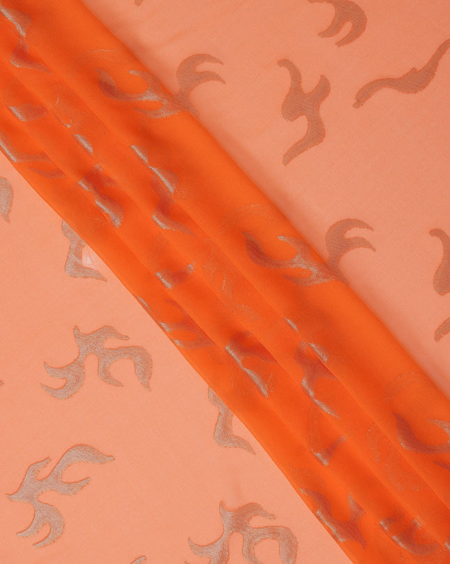 Peach Orange Abstract Metallic Lurex Design Premium French Silk Chiffon Fabric, 110 Cms Width, Made in France-D25731