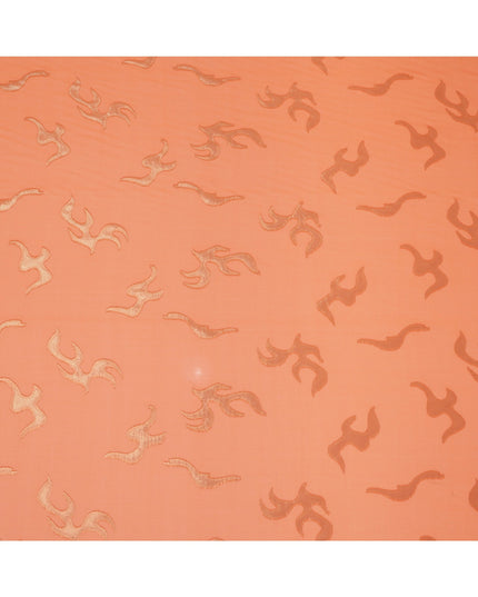 Peach Orange Abstract Metallic Lurex Design Premium French Silk Chiffon Fabric, 110 Cms Width, Made in France-D25731
