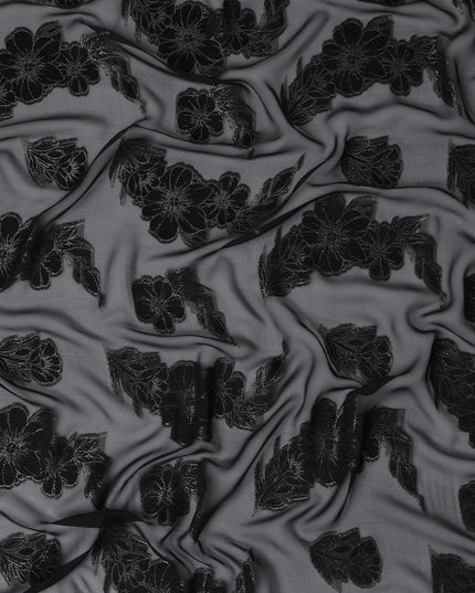 Charcoal Black Floral Jacquard Metallic Lurex Design Premium French Silk Chiffon Fabric, 110 Cms Width, Made in France-D25735