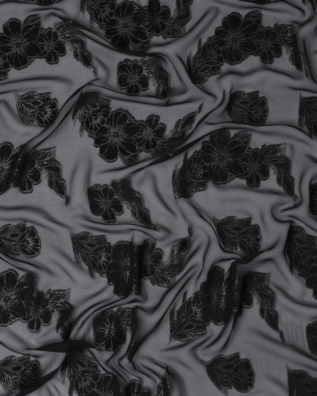 Charcoal Black Floral Jacquard Metallic Lurex Design Premium French Silk Chiffon Fabric, 110 Cms Width, Made in France-D25735