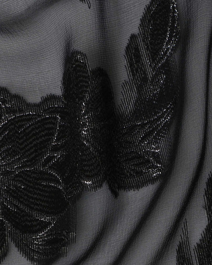 Charcoal Black Floral Jacquard Metallic Lurex Design Premium French Silk Chiffon Fabric, 110 Cms Width, Made in France-D25735