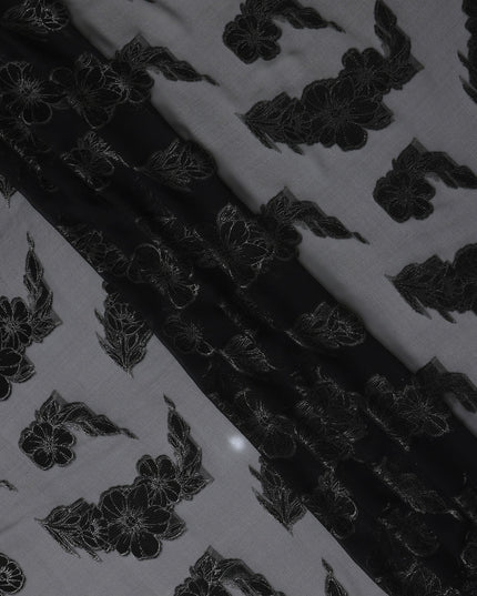 Charcoal Black Floral Jacquard Metallic Lurex Design Premium French Silk Chiffon Fabric, 110 Cms Width, Made in France-D25735