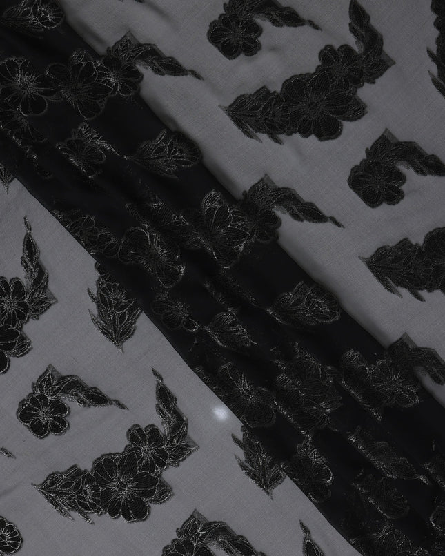 Charcoal Black Floral Jacquard Metallic Lurex Design Premium French Silk Chiffon Fabric, 110 Cms Width, Made in France-D25735