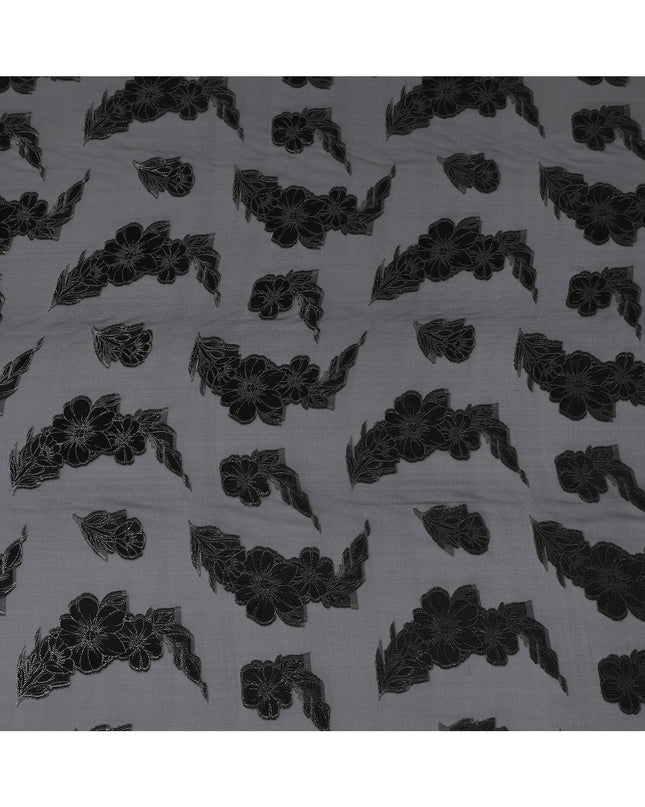 Charcoal Black Floral Jacquard Metallic Lurex Design Premium French Silk Chiffon Fabric, 110 Cms Width, Made in France-D25735