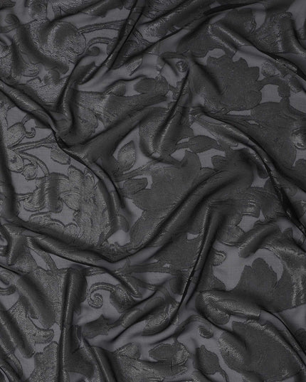 Black Floral Embroidered Metallic Lurex Design Premium French Silk Chiffon Fabric, 110 Cms Width, Made in France-D25736