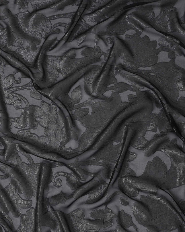 Black Floral Embroidered Metallic Lurex Design Premium French Silk Chiffon Fabric, 110 Cms Width, Made in France-D25736