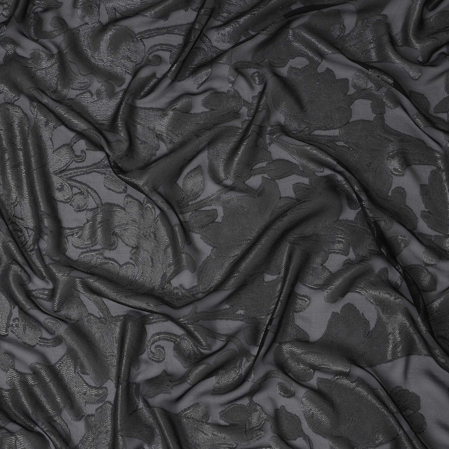 Black Floral Embroidered Metallic Lurex Design Premium French Silk Chiffon Fabric, 110 Cms Width, Made in France-D25736