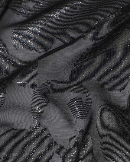 Black Floral Embroidered Metallic Lurex Design Premium French Silk Chiffon Fabric, 110 Cms Width, Made in France-D25736