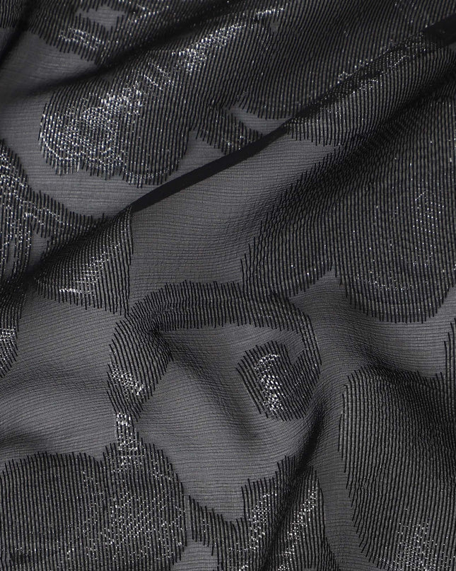 Black Floral Embroidered Metallic Lurex Design Premium French Silk Chiffon Fabric, 110 Cms Width, Made in France-D25736