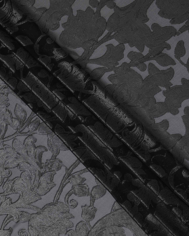 Black Floral Embroidered Metallic Lurex Design Premium French Silk Chiffon Fabric, 110 Cms Width, Made in France-D25736