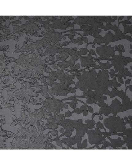 Black Floral Embroidered Metallic Lurex Design Premium French Silk Chiffon Fabric, 110 Cms Width, Made in France-D25736