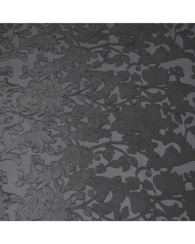 Black Floral Embroidered Metallic Lurex Design Premium French Silk Chiffon Fabric, 110 Cms Width, Made in France-D25736