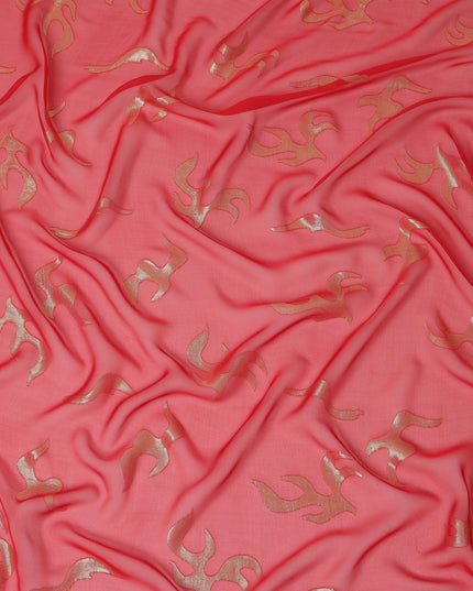 Coral Red Abstract Metallic Lurex Design Premium French Silk Chiffon Fabric, 110 Cms Width, Made in France-D25738