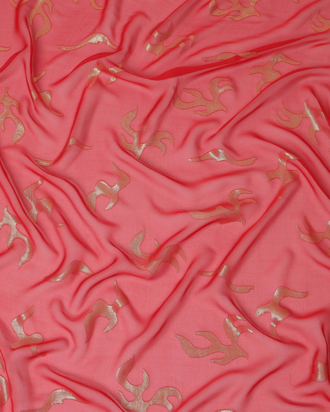 Coral Red Abstract Metallic Lurex Design Premium French Silk Chiffon Fabric, 110 Cms Width, Made in France-D25738