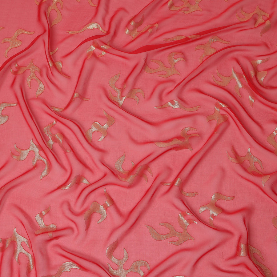 Coral Red Abstract Metallic Lurex Design Premium French Silk Chiffon Fabric, 110 Cms Width, Made in France-D25738