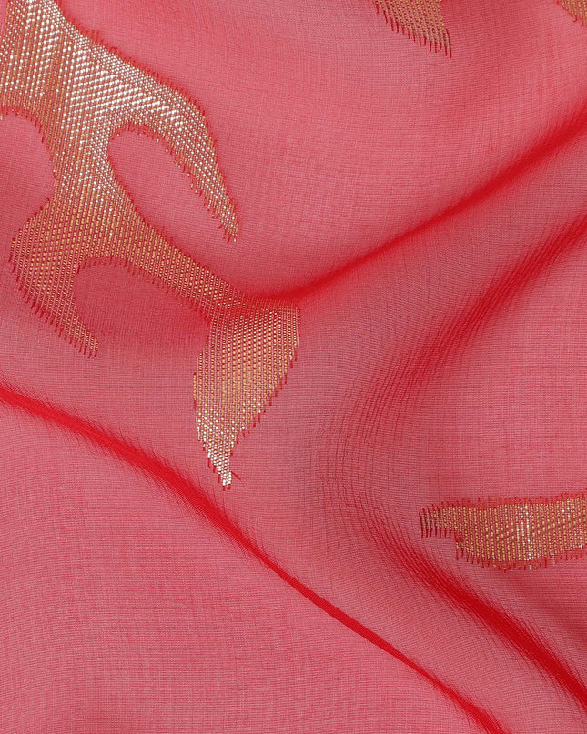 Coral Red Abstract Metallic Lurex Design Premium French Silk Chiffon Fabric, 110 Cms Width, Made in France-D25738