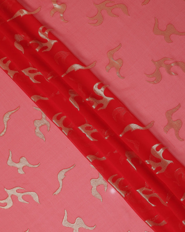 Coral Red Abstract Metallic Lurex Design Premium French Silk Chiffon Fabric, 110 Cms Width, Made in France-D25738