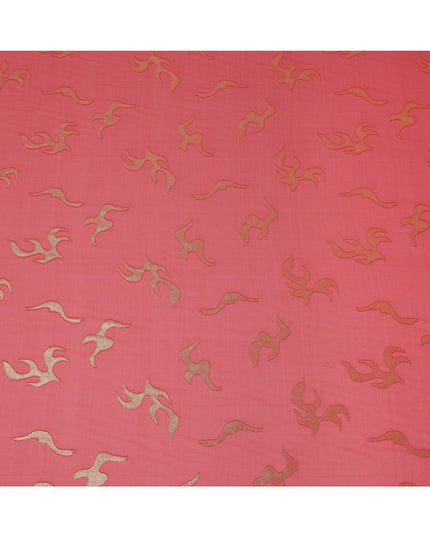 Coral Red Abstract Metallic Lurex Design Premium French Silk Chiffon Fabric, 110 Cms Width, Made in France-D25738