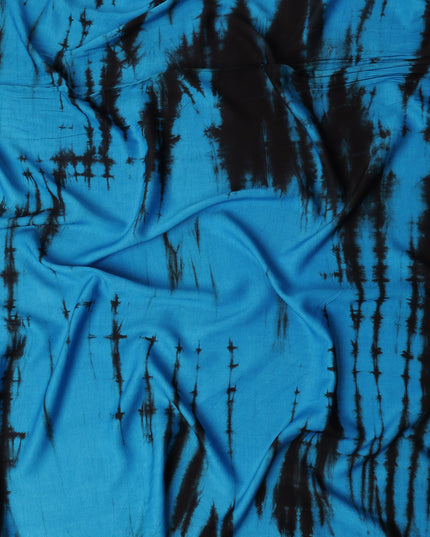 Turquoise Blue and Black Tie-Dye Patterned Viscose Crepe Fabric, 140 Cms Width, Made in India-D26363