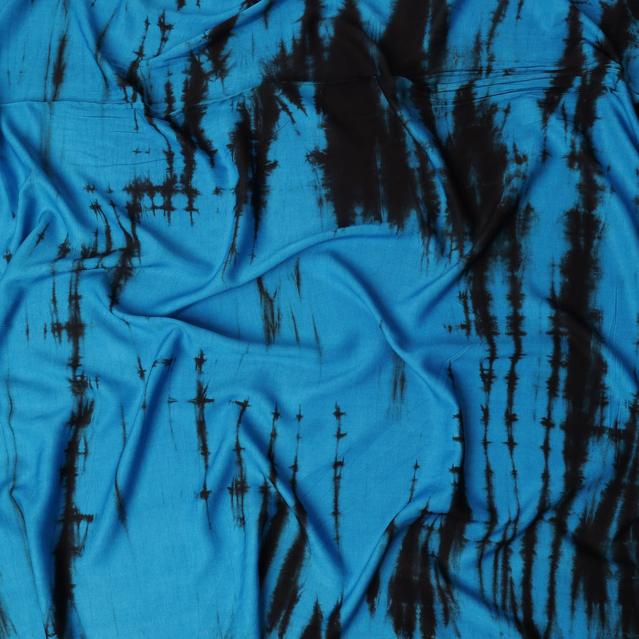 Turquoise Blue and Black Tie-Dye Patterned Viscose Crepe Fabric, 140 Cms Width, Made in India-D26363