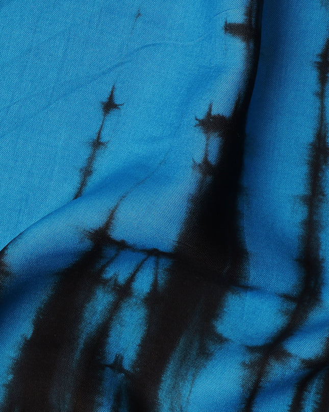 Turquoise Blue and Black Tie-Dye Patterned Viscose Crepe Fabric, 140 Cms Width, Made in India-D26363
