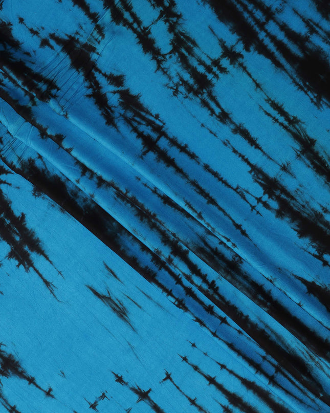 Turquoise Blue and Black Tie-Dye Patterned Viscose Crepe Fabric, 140 Cms Width, Made in India-D26363