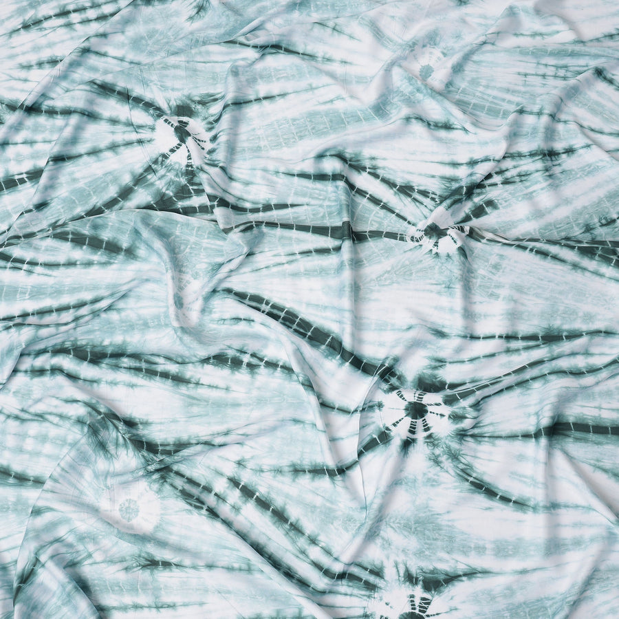 Mint Green and White Circular Tie-Dye Patterned Viscose Crepe Fabric, 140 Cms Width, Made in India-D26364