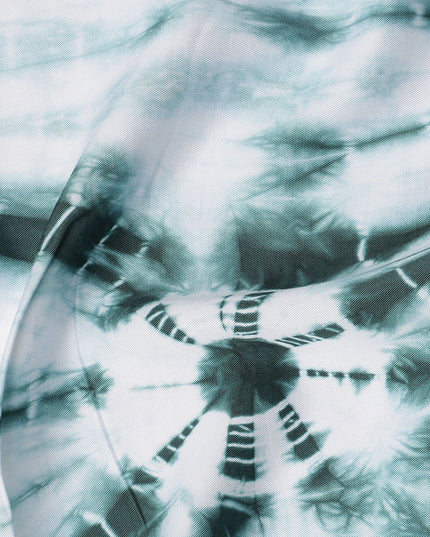 Mint Green and White Circular Tie-Dye Patterned Viscose Crepe Fabric, 140 Cms Width, Made in India-D26364