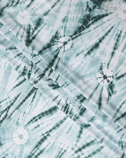 Mint Green and White Circular Tie-Dye Patterned Viscose Crepe Fabric, 140 Cms Width, Made in India-D26364