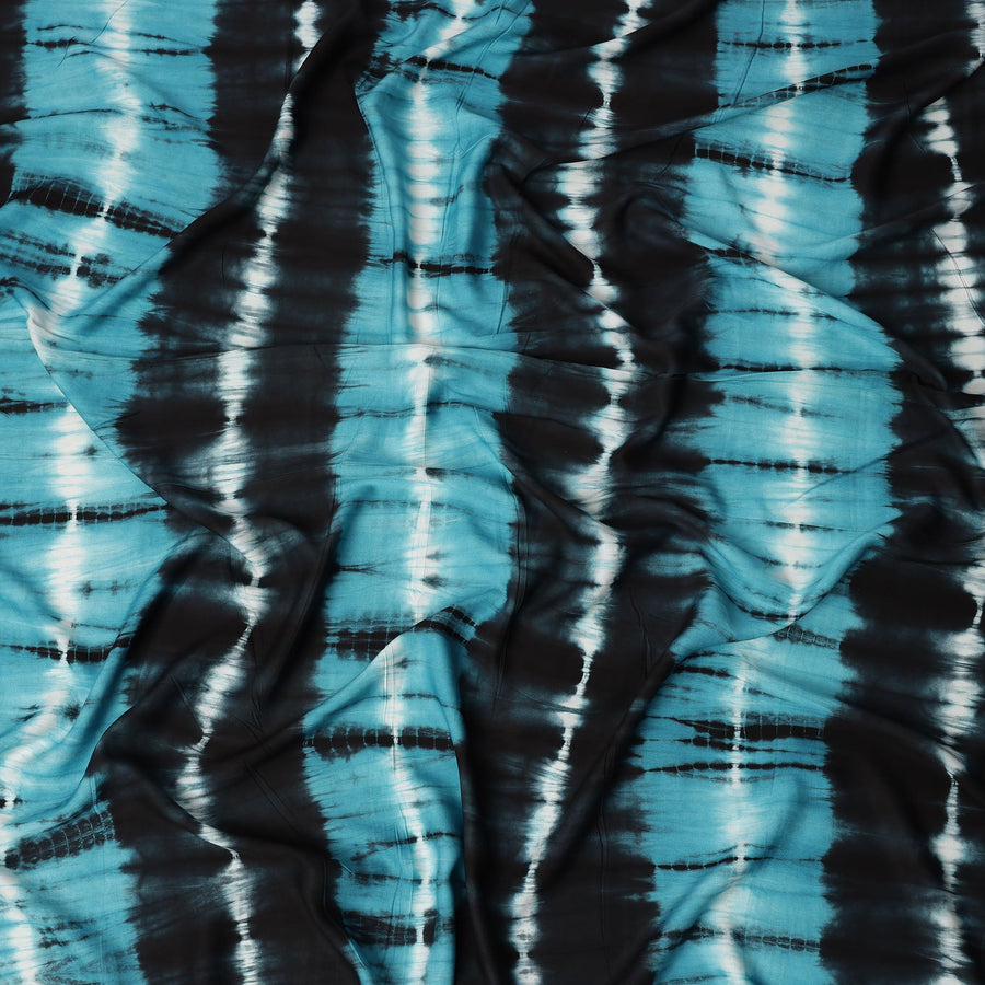 Teal Blue and Black Striped Tie-Dye Patterned Viscose Crepe Fabric, 140 Cms Width, Made in India-D26365