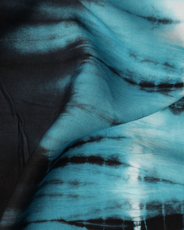 Teal Blue and Black Striped Tie-Dye Patterned Viscose Crepe Fabric, 140 Cms Width, Made in India-D26365