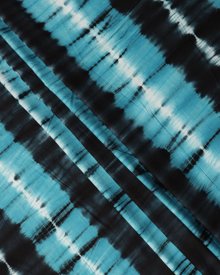 Teal Blue and Black Striped Tie-Dye Patterned Viscose Crepe Fabric, 140 Cms Width, Made in India-D26365