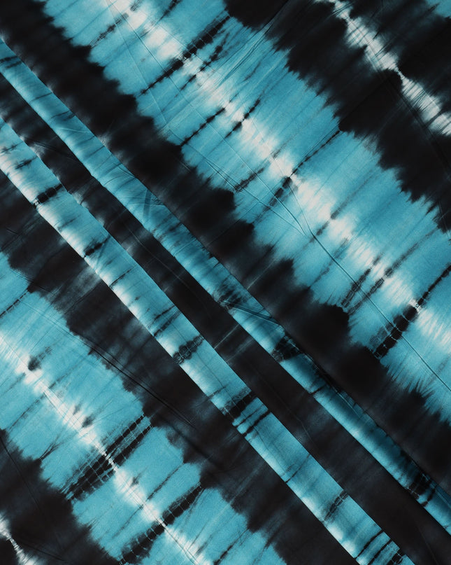 Teal Blue and Black Striped Tie-Dye Patterned Viscose Crepe Fabric, 140 Cms Width, Made in India-D26365