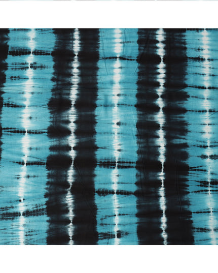Teal Blue and Black Striped Tie-Dye Patterned Viscose Crepe Fabric, 140 Cms Width, Made in India-D26365