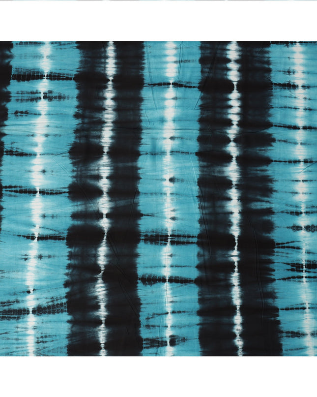 Teal Blue and Black Striped Tie-Dye Patterned Viscose Crepe Fabric, 140 Cms Width, Made in India-D26365