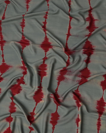 Grey and Maroon Linear Tie-Dye Patterned Viscose Crepe Fabric, 140 Cms Width, Made in India-D26366