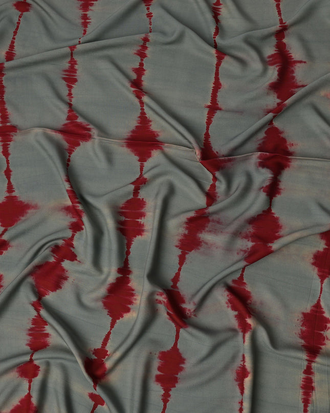 Grey and Maroon Linear Tie-Dye Patterned Viscose Crepe Fabric, 140 Cms Width, Made in India-D26366