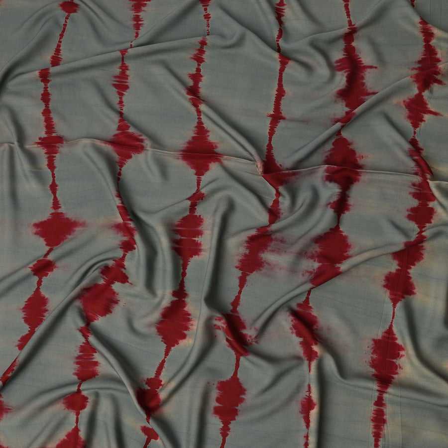Grey and Maroon Linear Tie-Dye Patterned Viscose Crepe Fabric, 140 Cms Width, Made in India-D26366